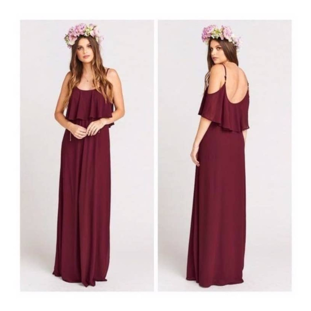 Show Me Your MuMu Caitlin Ruffle Maxi Dress Merlot Chiffon Medium NWT